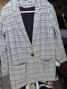 Divided Plaid Blazer in Black, White & Yellow